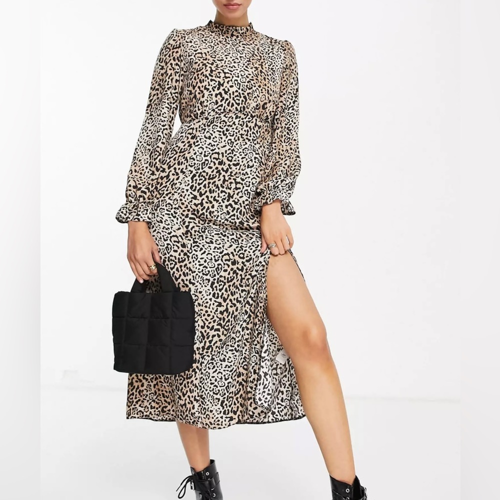 New Look ruffle neck midi dress in brown animal print